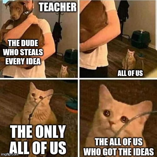 bro this happens most of the time | TEACHER; THE DUDE WHO STEALS EVERY IDEA; ALL OF US; THE ONLY ALL OF US; THE ALL OF US WHO GOT THE IDEAS | image tagged in sad cat holding dog | made w/ Imgflip meme maker