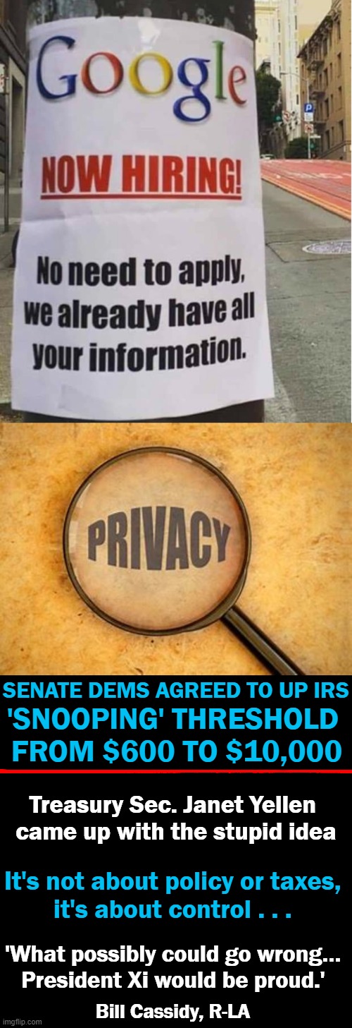 More Big Gov't / IRS Invasion of Privacy; Banks Already Hand Over Info On Transactions Over $10,000 | SENATE DEMS AGREED TO UP IRS; 'SNOOPING' THRESHOLD 
FROM $600 TO $10,000; Treasury Sec. Janet Yellen 

came up with the stupid idea; It's not about policy or taxes, 
it's about control . . . 'What possibly could go wrong… 

President Xi would be proud.'; Bill Cassidy, R-LA | image tagged in politics,democrats,big government,irs,control | made w/ Imgflip meme maker