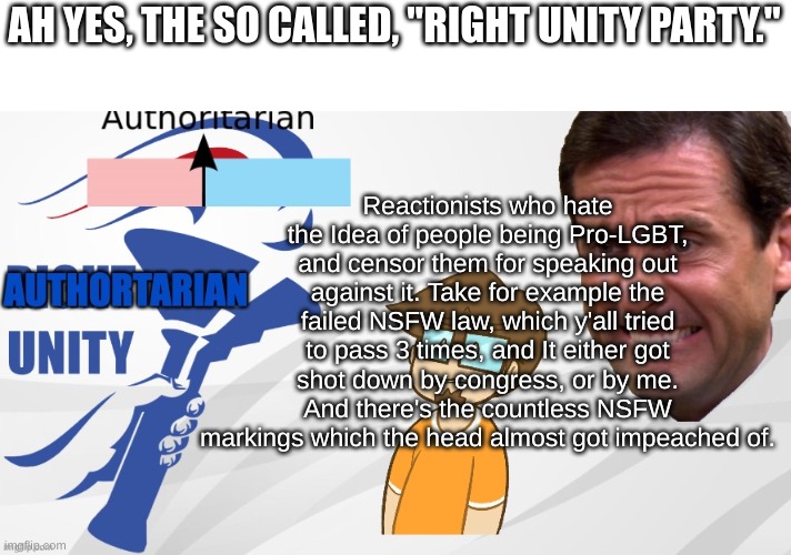 Don't vote for men who can't keep their word. Vote Libertarian Alliance, to keep your word safe. | AH YES, THE SO CALLED, "RIGHT UNITY PARTY."; Reactionists who hate the Idea of people being Pro-LGBT, and censor them for speaking out against it. Take for example the failed NSFW law, which y'all tried to pass 3 times, and It either got shot down by congress, or by me. And there's the countless NSFW markings which the head almost got impeached of. | image tagged in aup announcement | made w/ Imgflip meme maker