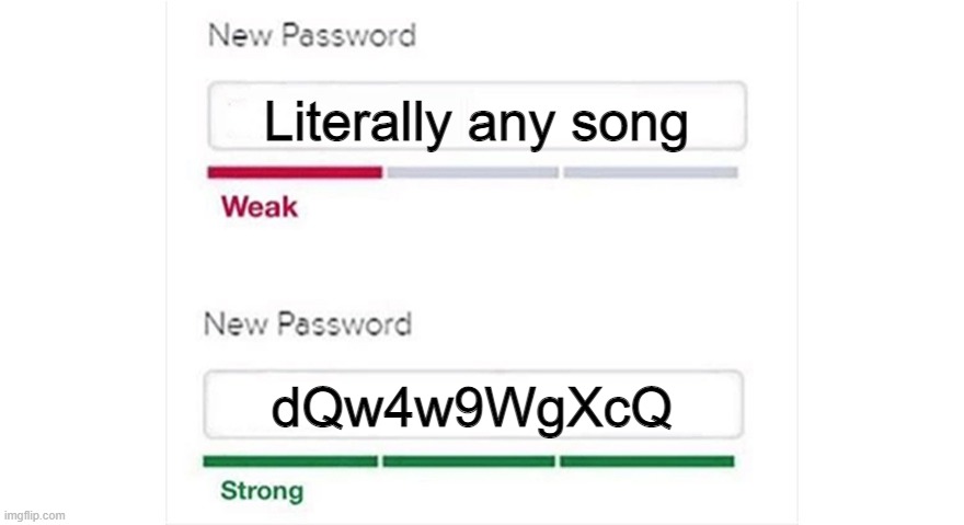 You wouldn't get it (maybe) | Literally any song; dQw4w9WgXcQ | image tagged in weak strong password | made w/ Imgflip meme maker