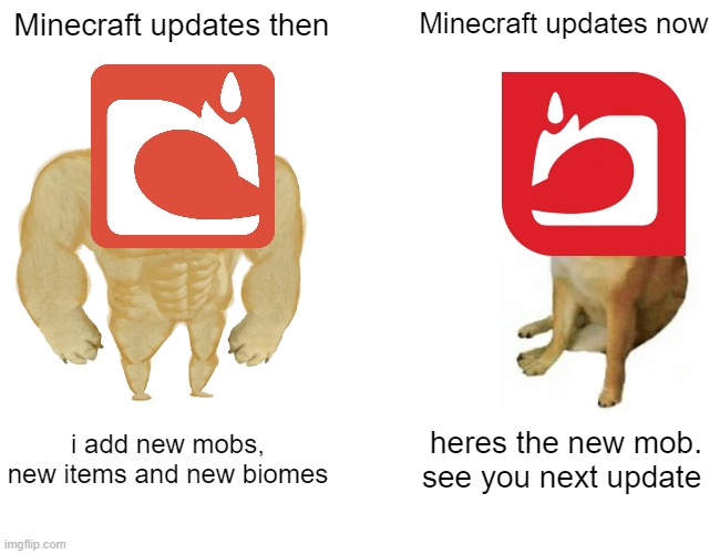 minecraft updates | Minecraft updates then; Minecraft updates now; i add new mobs, new items and new biomes; heres the new mob. see you next update | image tagged in memes,buff doge vs cheems | made w/ Imgflip meme maker