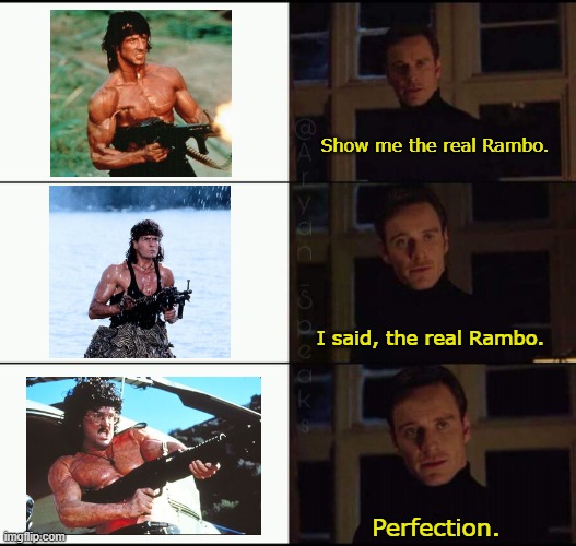 Show me the real rambo |  Show me the real Rambo. I said, the real Rambo. Perfection. | image tagged in show me the real,rambo,charlie sheen,hot shots,uhf | made w/ Imgflip meme maker
