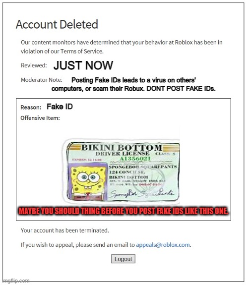 Posting a FAKE ID that is constantly not allowed here =/ | JUST NOW; Posting Fake IDs leads to a virus on others' computers, or scam their Robux. DONT POST FAKE IDs. Fake ID; MAYBE YOU SHOULD THING BEFORE YOU POST FAKE IDS LIKE THIS ONE. | image tagged in banned from roblox | made w/ Imgflip meme maker