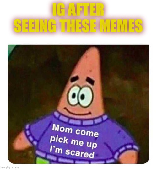 Patrick Mom come pick me up I'm scared | IG AFTER SEEING THESE MEMES | image tagged in patrick mom come pick me up i'm scared | made w/ Imgflip meme maker