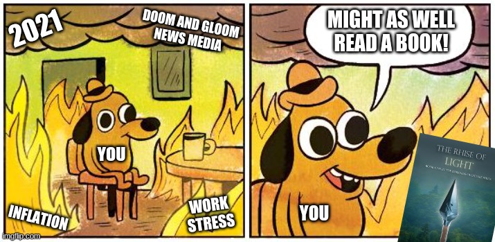 Rhise of Light room on fire book ad | MIGHT AS WELL
READ A BOOK! 2021; DOOM AND GLOOM
NEWS MEDIA; YOU; INFLATION; WORK
STRESS; YOU | image tagged in this is fine blank | made w/ Imgflip meme maker
