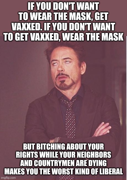 In the end, I don't care what you do | IF YOU DON'T WANT TO WEAR THE MASK, GET VAXXED. IF YOU DON'T WANT TO GET VAXXED, WEAR THE MASK; BUT BITCHING ABOUT YOUR RIGHTS WHILE YOUR NEIGHBORS AND COUNTRYMEN ARE DYING MAKES YOU THE WORST KIND OF LIBERAL | image tagged in memes,face you make robert downey jr | made w/ Imgflip meme maker