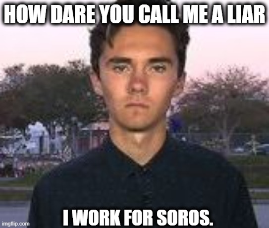 david hogg bitch face | HOW DARE YOU CALL ME A LIAR I WORK FOR SOROS. | image tagged in david hogg bitch face | made w/ Imgflip meme maker