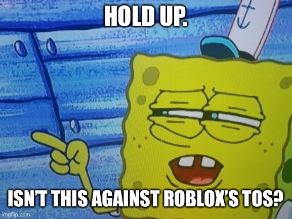 Sponge Bob | HOLD UP. ISN’T THIS AGAINST ROBLOX’S TOS? | image tagged in sponge bob | made w/ Imgflip meme maker