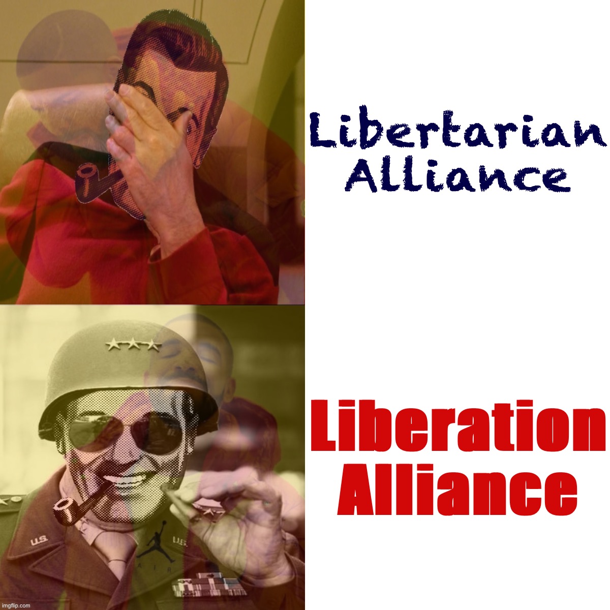 [Proposal for an occasion such as this: A subtle change of paint] | Libertarian Alliance; Liberation Alliance | image tagged in strangmeme hotline bling,liberation,alliance,libertarians,imgflip_presidents,ig gots to go | made w/ Imgflip meme maker