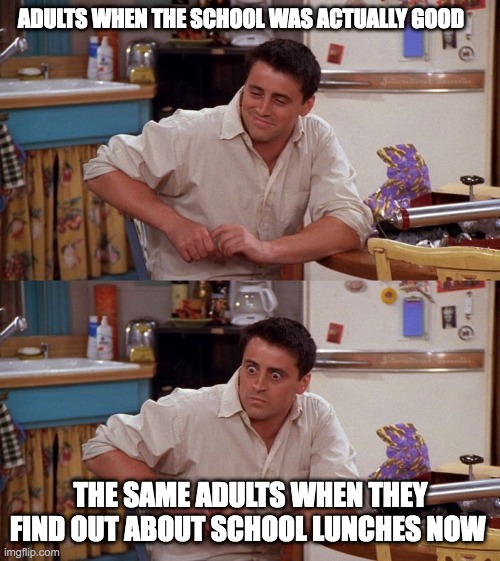 Joey meme | ADULTS WHEN THE SCHOOL WAS ACTUALLY GOOD; THE SAME ADULTS WHEN THEY FIND OUT ABOUT SCHOOL LUNCHES NOW | image tagged in joey meme | made w/ Imgflip meme maker