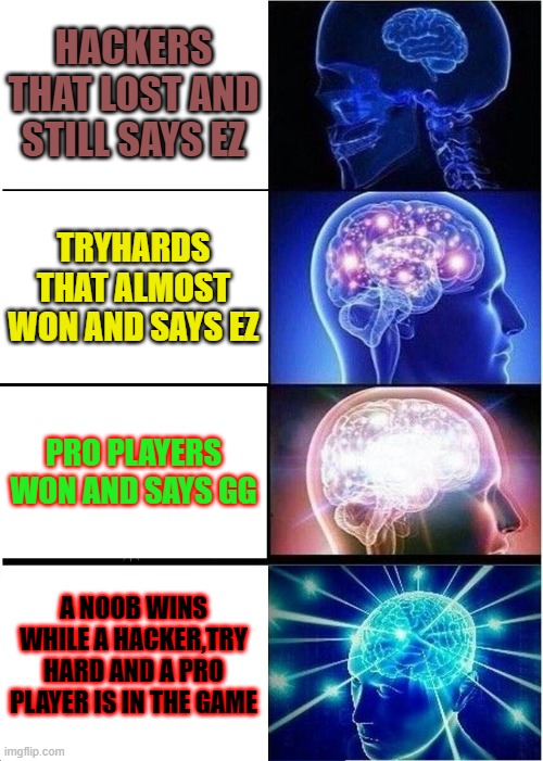 toxicity | HACKERS THAT LOST AND STILL SAYS EZ; TRYHARDS THAT ALMOST WON AND SAYS EZ; PRO PLAYERS WON AND SAYS GG; A NOOB WINS WHILE A HACKER,TRY HARD AND A PRO PLAYER IS IN THE GAME | image tagged in memes,expanding brain | made w/ Imgflip meme maker