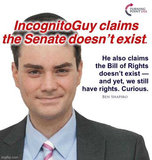 Who are you gonna believe? IncognitoGuy, or facts and logic? | IncognitoGuy claims the Senate doesn’t exist. He also claims the Bill of Rights doesn’t exist — and yet, we still have rights. Curious. | image tagged in ben shapiro turning point usa,ben shapiro,senate,the senate,exists,cry about it | made w/ Imgflip meme maker