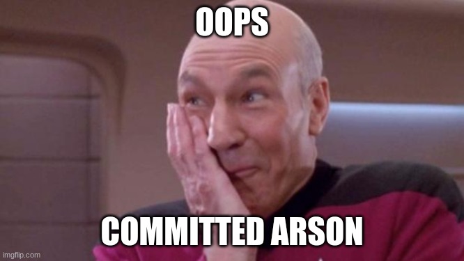 picard oops | OOPS; COMMITTED ARSON | image tagged in picard oops | made w/ Imgflip meme maker