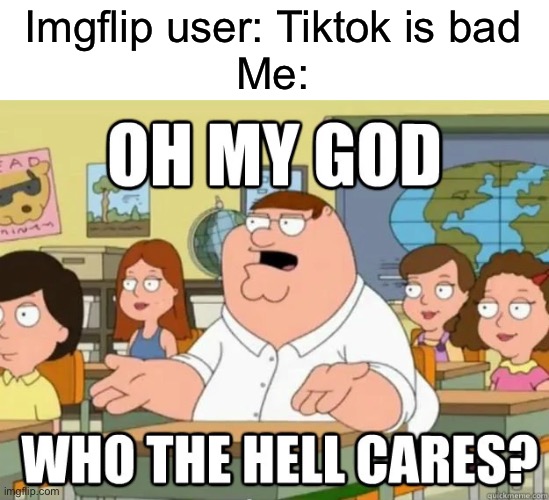 Oh my god who the hell cares? | Imgflip user: Tiktok is bad
Me: | image tagged in oh my god who the hell cares | made w/ Imgflip meme maker