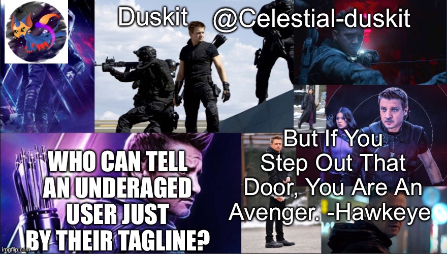 Me. | WHO CAN TELL AN UNDERAGED USER JUST BY THEIR TAGLINE? | image tagged in duskit s hawkeye temp | made w/ Imgflip meme maker