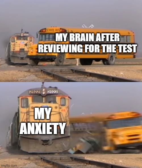 Definitely Me | MY BRAIN AFTER REVIEWING FOR THE TEST; MY ANXIETY | image tagged in a train hitting a school bus | made w/ Imgflip meme maker