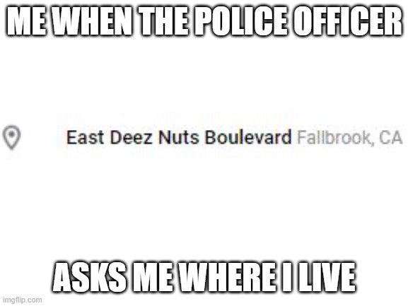 East Deez Nuts Avenue | ME WHEN THE POLICE OFFICER; ASKS ME WHERE I LIVE | image tagged in blank white template | made w/ Imgflip meme maker