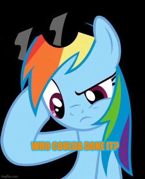 Confused Rainbow Dash | WHO COULDA DONE IT? | image tagged in confused rainbow dash | made w/ Imgflip meme maker