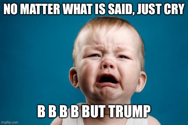 BABY CRYING | NO MATTER WHAT IS SAID, JUST CRY B B B B BUT TRUMP | image tagged in baby crying | made w/ Imgflip meme maker