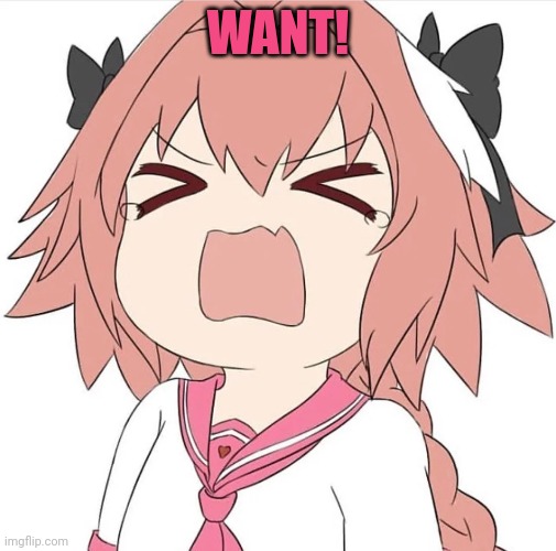 astolfo cry | WANT! | image tagged in astolfo cry | made w/ Imgflip meme maker