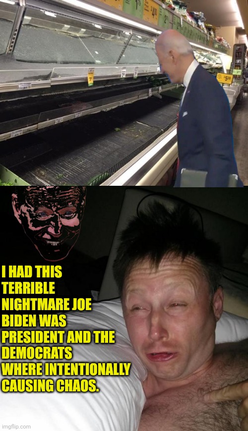 I HAD THIS TERRIBLE NIGHTMARE JOE BIDEN WAS PRESIDENT AND THE DEMOCRATS WHERE INTENTIONALLY CAUSING CHAOS. | image tagged in empty grocery store,limmy waking up | made w/ Imgflip meme maker