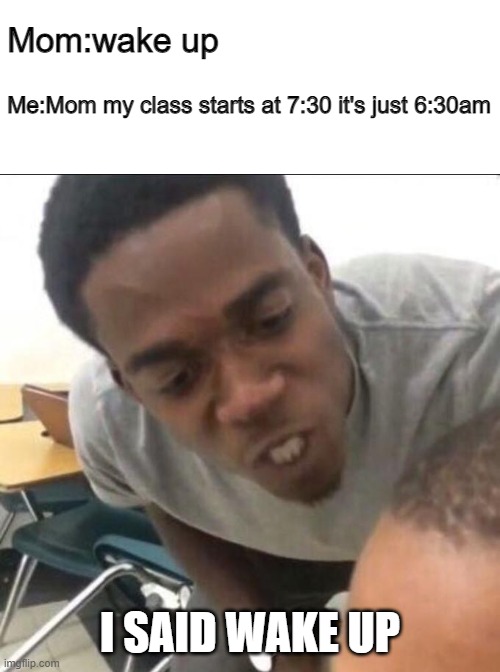 when she said wake up wake up | Mom:wake up; Me:Mom my class starts at 7:30 it's just 6:30am; I SAID WAKE UP | image tagged in i said we sad today | made w/ Imgflip meme maker
