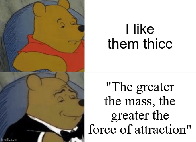 Tuxedo Winnie The Pooh Meme | I like them thicc; "The greater the mass, the greater the force of attraction" | image tagged in memes,tuxedo winnie the pooh | made w/ Imgflip meme maker
