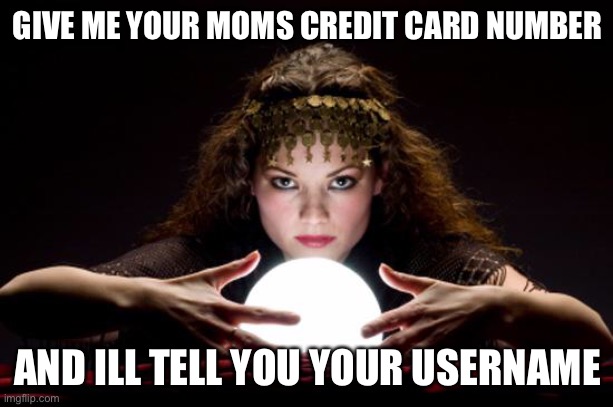 Fortune teller | GIVE ME YOUR MOMS CREDIT CARD NUMBER; AND ILL TELL YOU YOUR USERNAME | image tagged in fortune teller | made w/ Imgflip meme maker