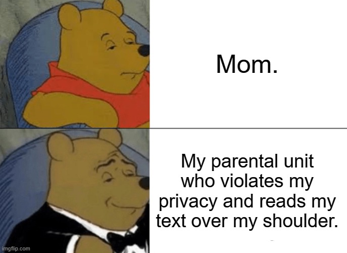 yupp. by HarryPotter1980. |  Mom. My parental unit who violates my privacy and reads my text over my shoulder. | image tagged in memes,tuxedo winnie the pooh,yeah,moms,funny,oh wow are you actually reading these tags | made w/ Imgflip meme maker
