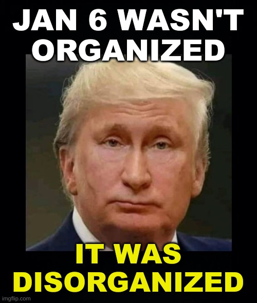 he's not lying | JAN 6 WASN'T
ORGANIZED IT WAS
DISORGANIZED | image tagged in trump putin face swap merge,january 6,sedition,capitol riot,white nationalism,qanon | made w/ Imgflip meme maker