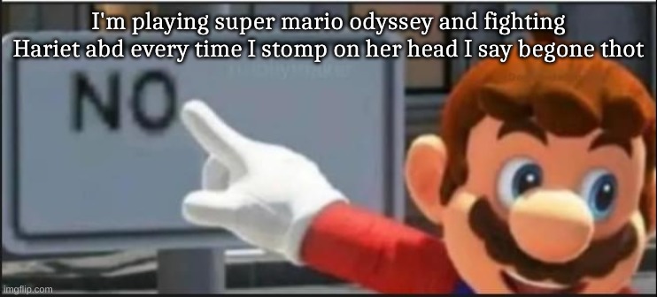 Mario No | I'm playing super mario odyssey and fighting Hariet abd every time I stomp on her head I say begone thot | image tagged in mario no,begone thot | made w/ Imgflip meme maker