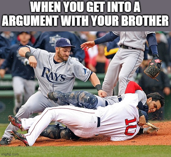 argument | WHEN YOU GET INTO A ARGUMENT WITH YOUR BROTHER | image tagged in finish him baseball | made w/ Imgflip meme maker