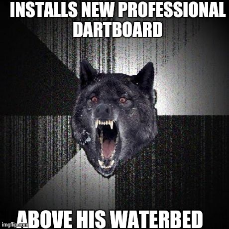 Insanity Wolf | INSTALLS NEW PROFESSIONAL DARTBOARD  ABOVE HIS WATERBED | image tagged in memes,insanity wolf | made w/ Imgflip meme maker