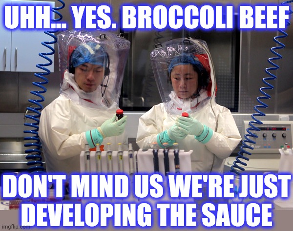 Wuhan China Virus Lab | UHH... YES. BROCCOLI BEEF DON'T MIND US WE'RE JUST
DEVELOPING THE SAUCE | image tagged in wuhan china virus lab | made w/ Imgflip meme maker