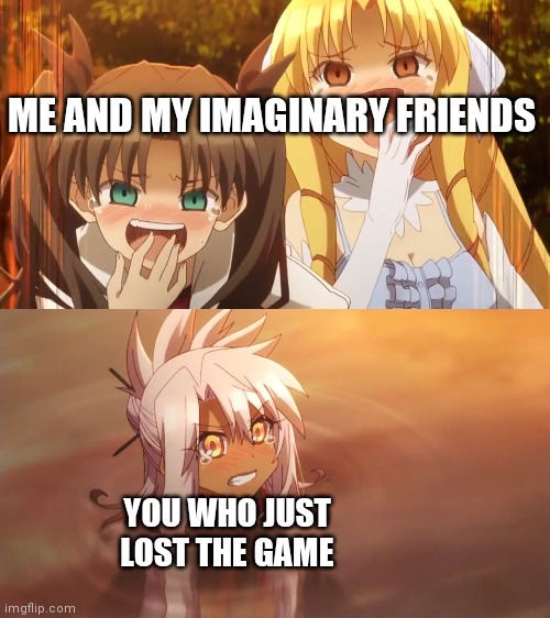 Fate/Kaleid 2wei meme | ME AND MY IMAGINARY FRIENDS; YOU WHO JUST LOST THE GAME | image tagged in fate/kaleid 2wei meme | made w/ Imgflip meme maker