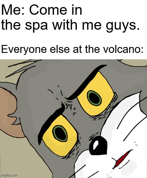 how's the warm water? | Me: Come in the spa with me guys. Everyone else at the volcano: | image tagged in memes,unsettled tom | made w/ Imgflip meme maker