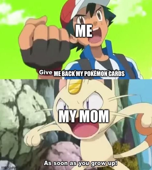 My mom ruined my children’s day | ME; ME BACK MY POKÉMON CARDS; MY MOM | image tagged in pokemon | made w/ Imgflip meme maker