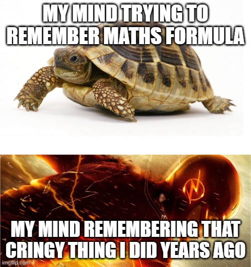 School meme 8? | MY MIND TRYING TO REMEMBER MATHS FORMULA; MY MIND REMEMBERING THAT CRINGY THING I DID YEARS AGO | image tagged in slow vs fast meme | made w/ Imgflip meme maker