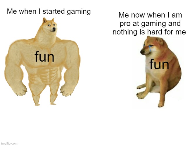 Gaming evolution be like | Me when I started gaming; Me now when I am pro at gaming and nothing is hard for me; fun; fun | image tagged in memes,buff doge vs cheems,gaming | made w/ Imgflip meme maker