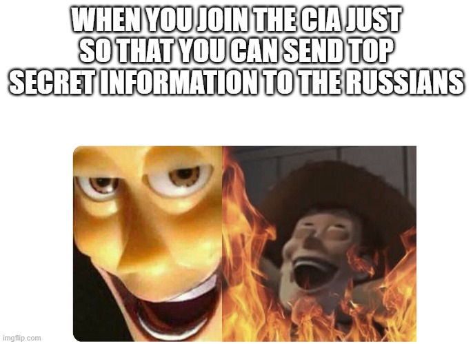 Please don't actually do this. | WHEN YOU JOIN THE CIA JUST SO THAT YOU CAN SEND TOP SECRET INFORMATION TO THE RUSSIANS | image tagged in satanic woody | made w/ Imgflip meme maker