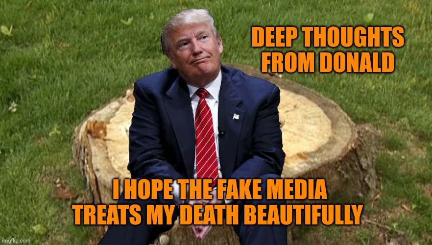 Trump on a stump | DEEP THOUGHTS FROM DONALD; I HOPE THE FAKE MEDIA TREATS MY DEATH BEAUTIFULLY | image tagged in trump on a stump | made w/ Imgflip meme maker