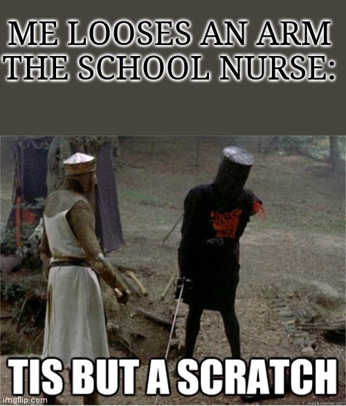 I ran out of ideas for titles | ME LOOSES AN ARM
THE SCHOOL NURSE: | image tagged in tis but a scratch | made w/ Imgflip meme maker