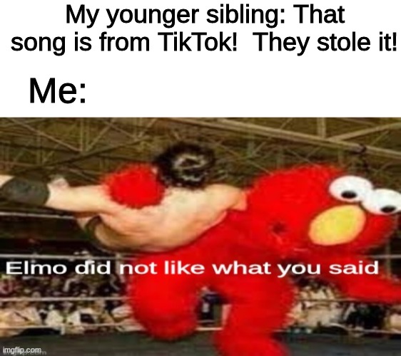 tiktok sucks | My younger sibling: That song is from TikTok!  They stole it! Me: | image tagged in elmo did not like what you said,tiktok sucks,tiktok,funny,memes | made w/ Imgflip meme maker