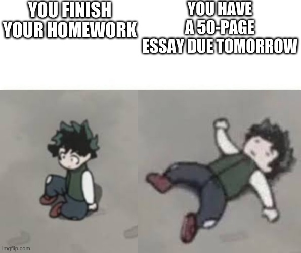 Deku low quality | YOU FINISH YOUR HOMEWORK; YOU HAVE A 50-PAGE ESSAY DUE TOMORROW | image tagged in deku low quality | made w/ Imgflip meme maker