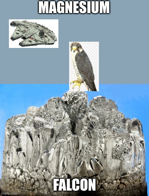 MAGNESIUM FALCON | MAGNESIUM; FALCON | image tagged in millennium falcon | made w/ Imgflip meme maker