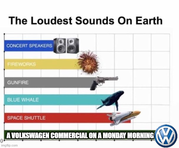 it do be like dat sometime | A VOLKSWAGEN COMMERCIAL ON A MONDAY MORNING | image tagged in the loudest sounds on earth | made w/ Imgflip meme maker