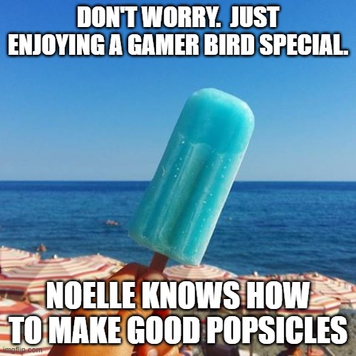 Snowgrave tastes delicious! | DON'T WORRY.  JUST ENJOYING A GAMER BIRD SPECIAL. NOELLE KNOWS HOW TO MAKE GOOD POPSICLES | image tagged in anise popsicle,dark humor,snowgrave | made w/ Imgflip meme maker