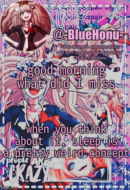 honu's despair temp | good morning what did I miss; when you think about it, sleep is a pretty weird concept | image tagged in honu's despair temp | made w/ Imgflip meme maker