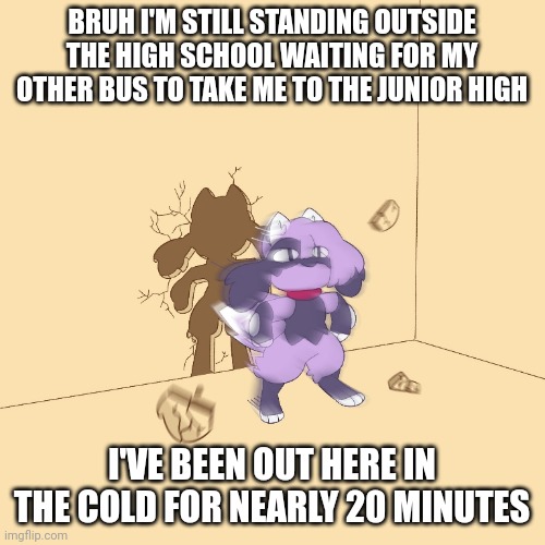 Furry zooms through wall | BRUH I'M STILL STANDING OUTSIDE THE HIGH SCHOOL WAITING FOR MY OTHER BUS TO TAKE ME TO THE JUNIOR HIGH; I'VE BEEN OUT HERE IN THE COLD FOR NEARLY 20 MINUTES | image tagged in furry zooms through wall | made w/ Imgflip meme maker