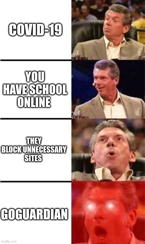 school | COVID-19; YOU HAVE SCHOOL ONLINE; THEY BLOCK UNNECESSARY SITES; GOGUARDIAN | image tagged in vince mcmahon reaction w/glowing eyes | made w/ Imgflip meme maker